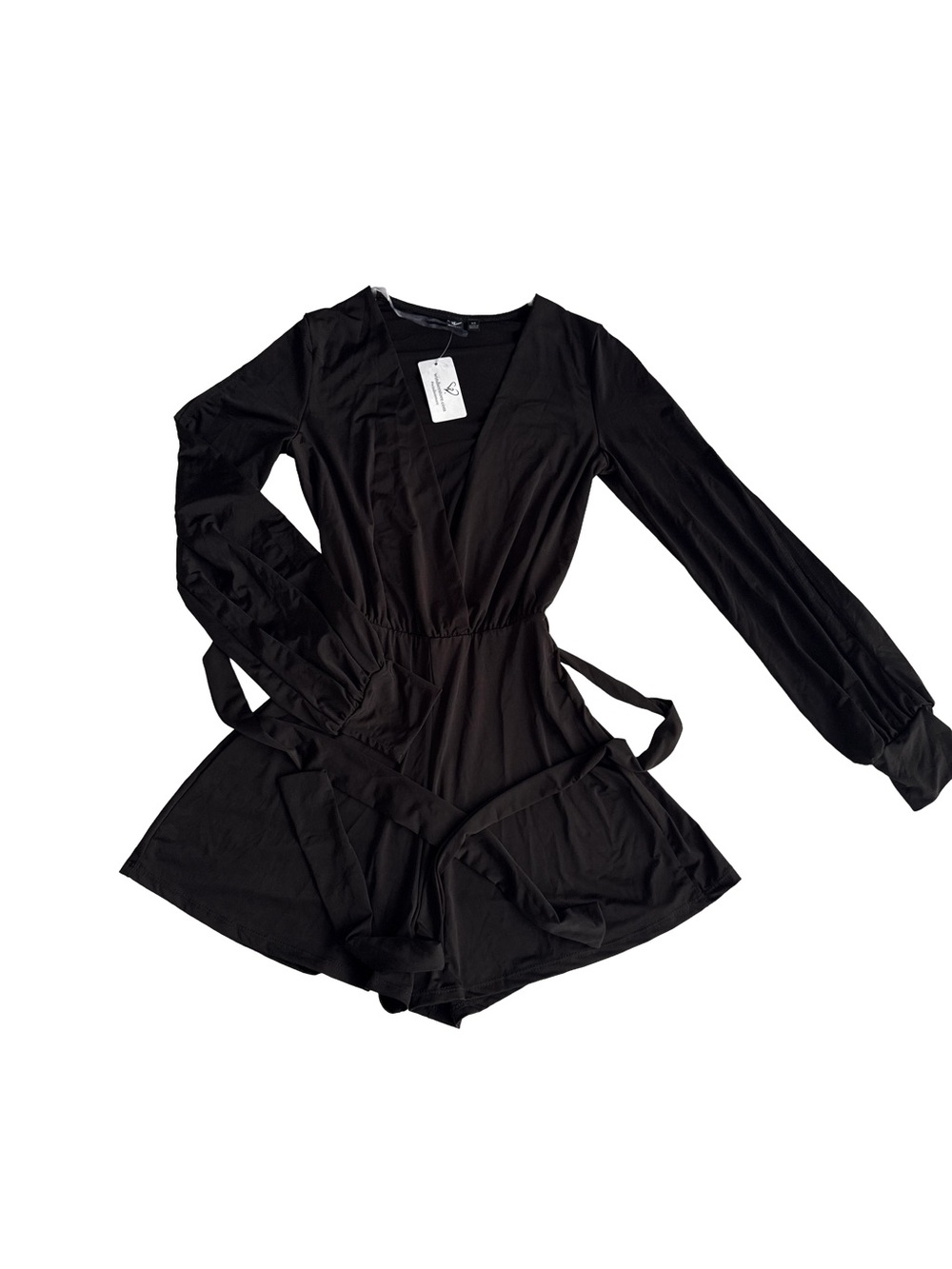 WINDSOR NWT Little Black Dress Romper Long-Sleeve Waist Tie V-Neck Wrap Front XS